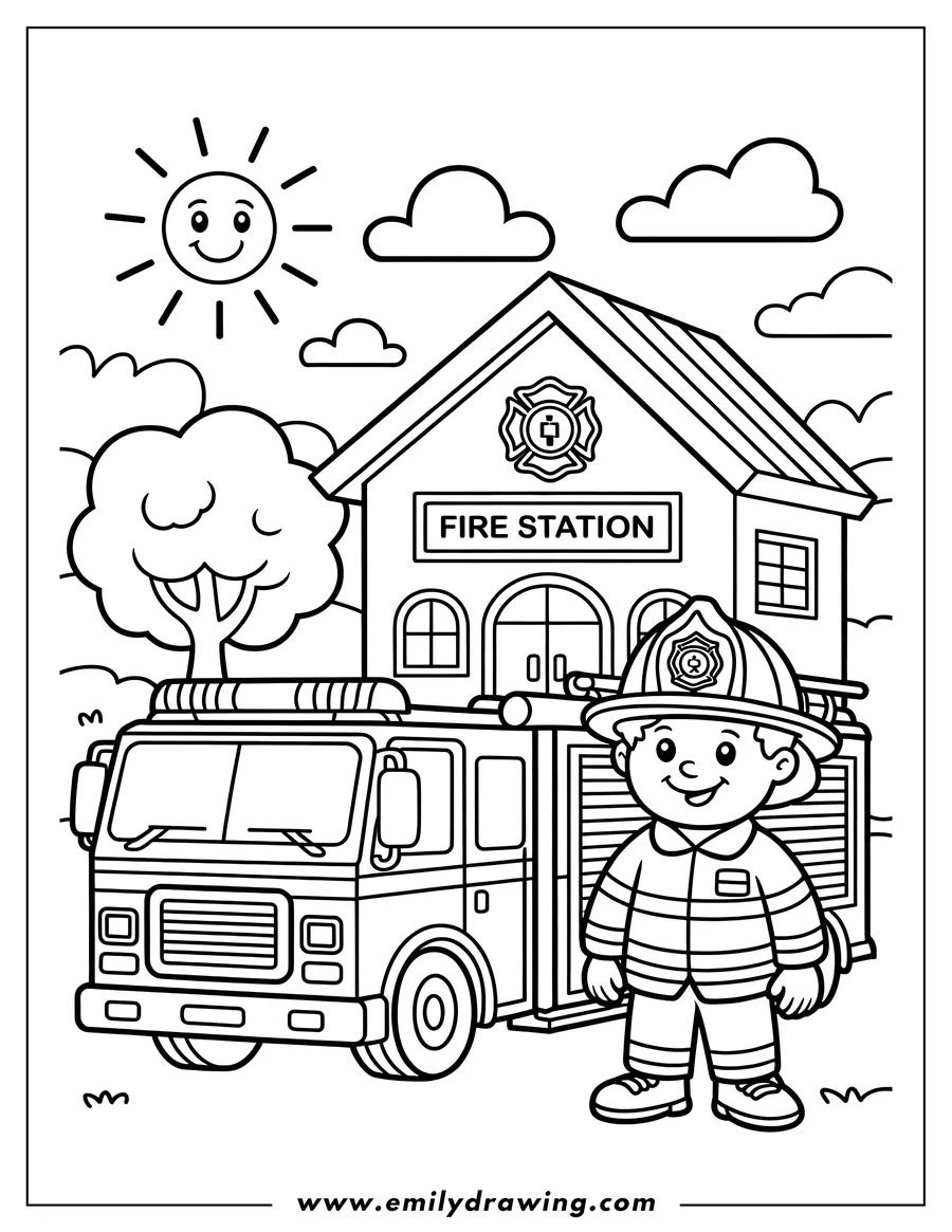 Outline of a smiling young firefighter standing in uniform next to a large fire truck, set outside a building marked 'Fire Station' on a sunny day.