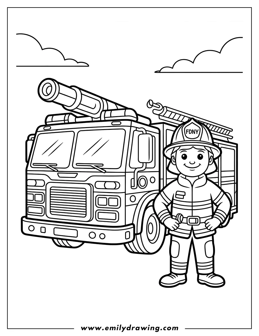 Line art of a smiling cartoon firefighter in full gear standing proudly in front of a large fire truck with a mounted water cannon and a ladder rack.