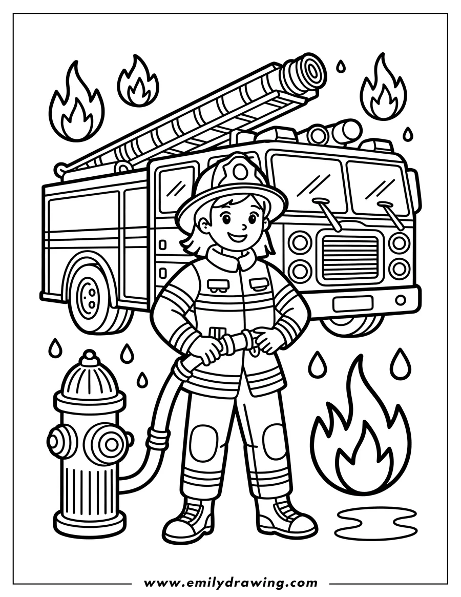 Outline of a smiling firefighter in uniform holding a hose connected to a fire hydrant. A large fire truck with a ladder is parked in the background, surrounded by small flames.