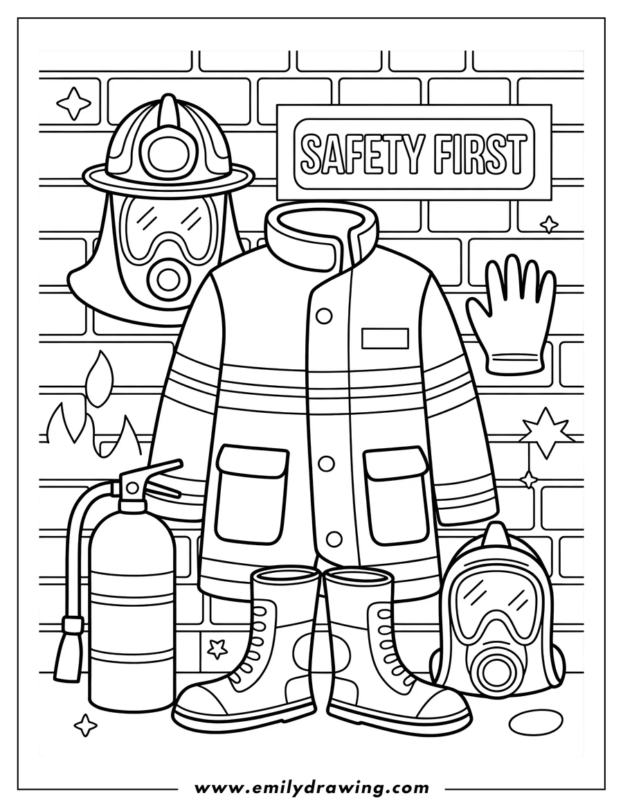 Outline of essential firefighter equipment including a jacket, boots, helmet, fire extinguisher, and glove, displayed against a brick wall with a 'SAFETY FIRST' sign.