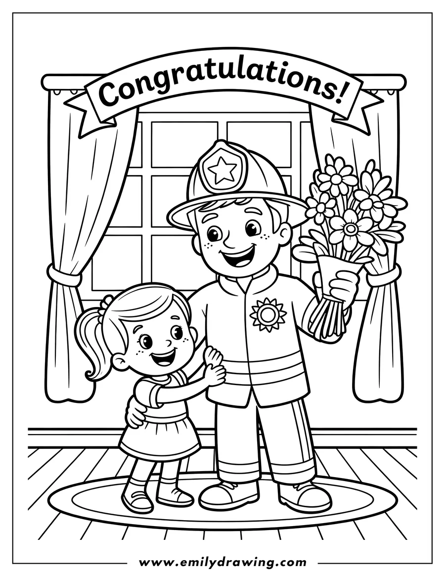 Outline of a smiling firefighter in uniform holding a bouquet of flowers, standing next to a small girl who is hugging him. A 'Congratulations!' banner hangs above them by a large window.