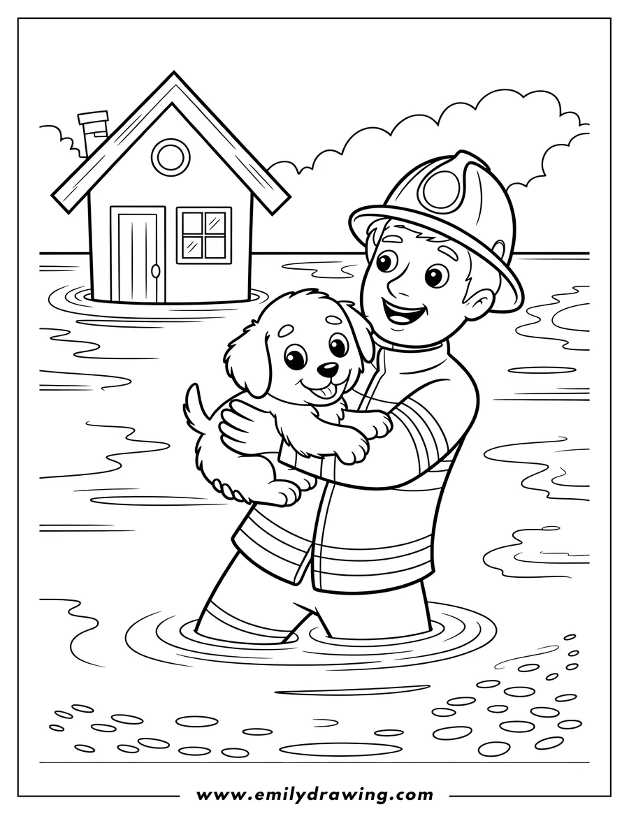 Outline of a brave firefighter standing waist-deep in floodwater, holding a small, happy puppy securely in his arms. A partially submerged house is visible in the background.