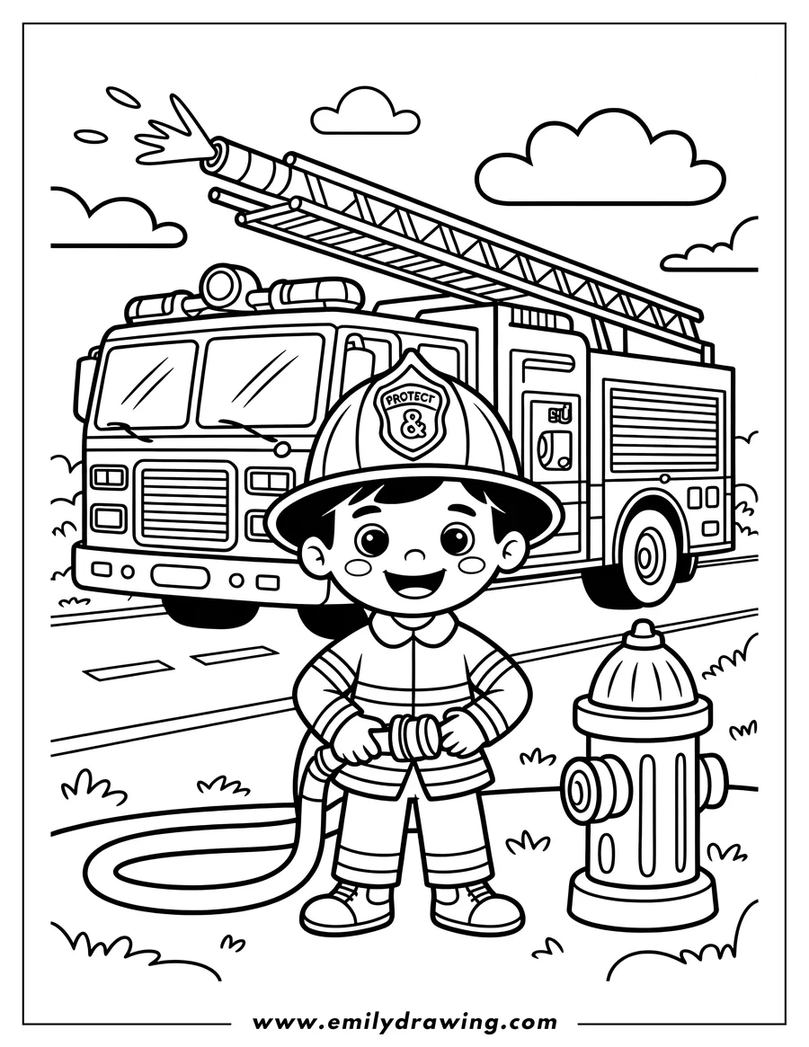Outline of a cheerful cartoon firefighter character holding a hose nozzle, standing on a street curb next to a fire hydrant, with a large fire engine visible in the background.