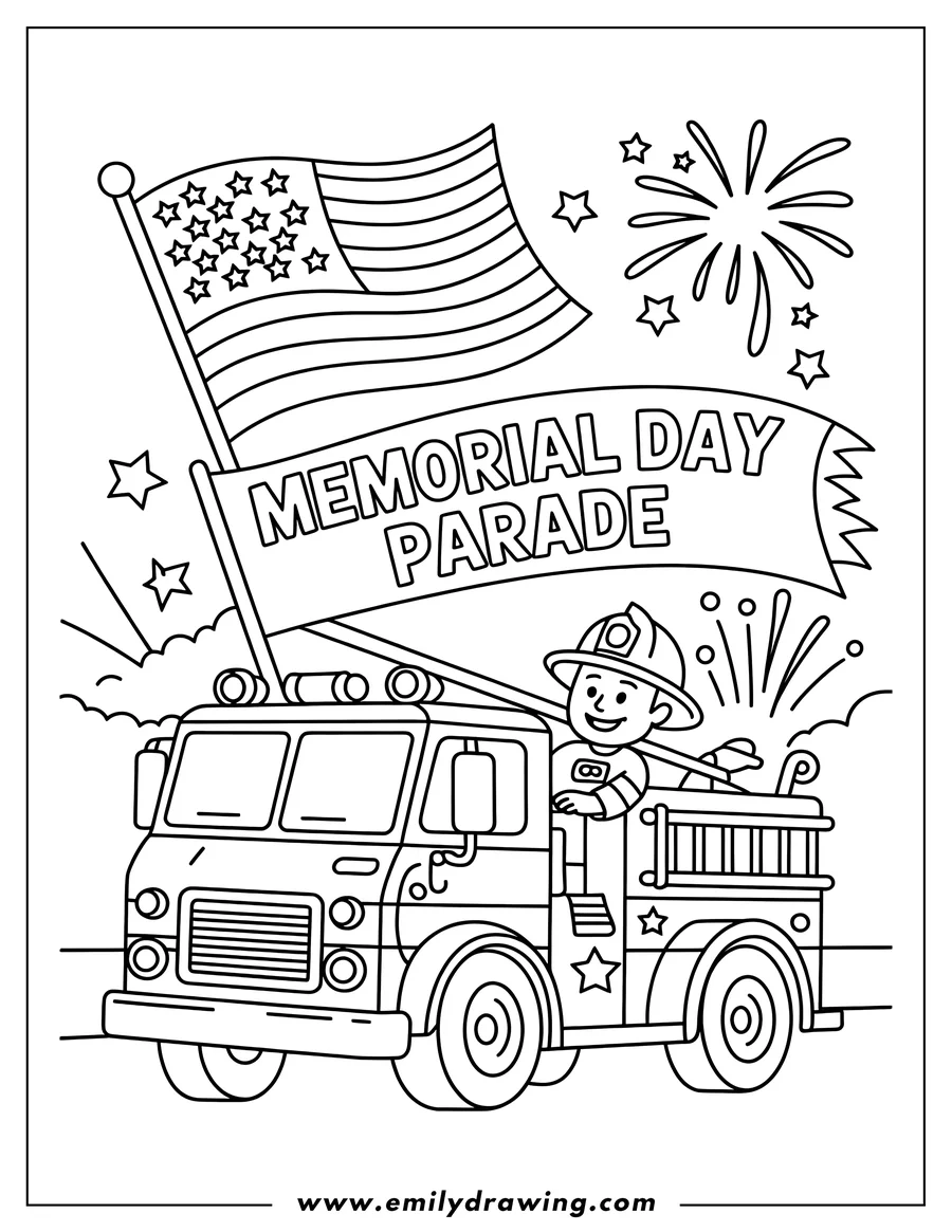 Line art of a firefighter in a firetruck during a Memorial Day parade. An American flag waves and fireworks explode in the background.