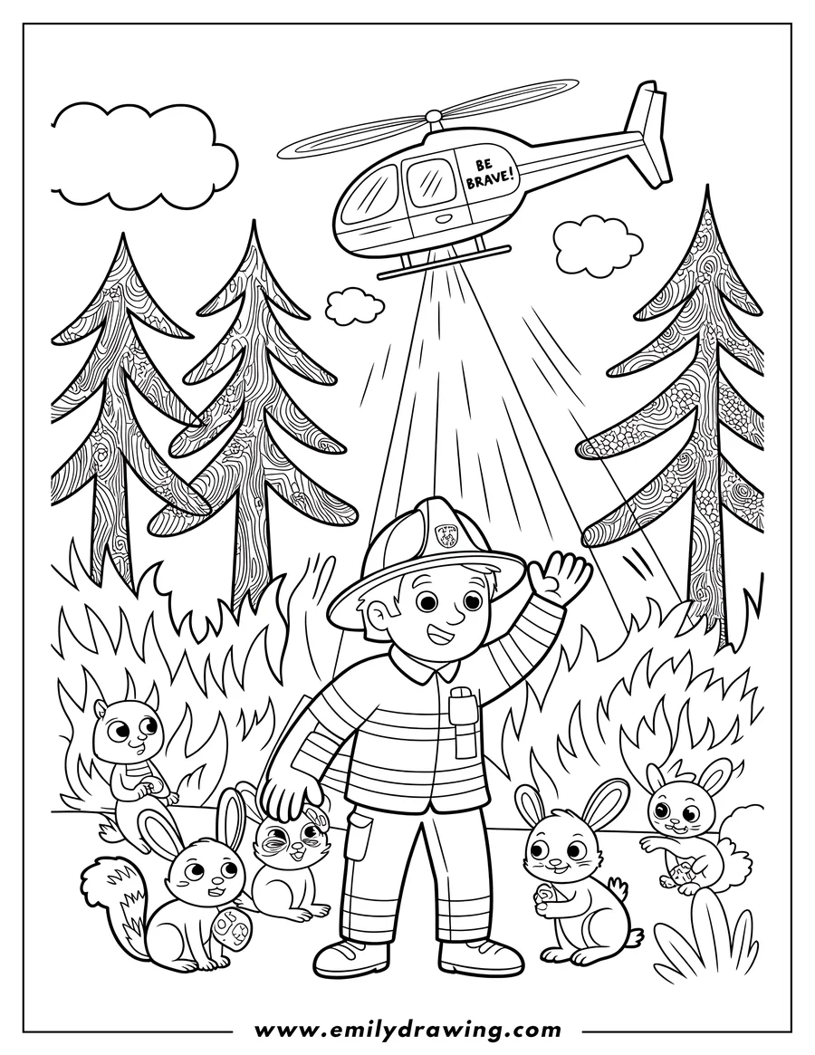 Outline of a young firefighter standing in a forest fire, protecting several small rabbits and a squirrel. A rescue helicopter labeled
