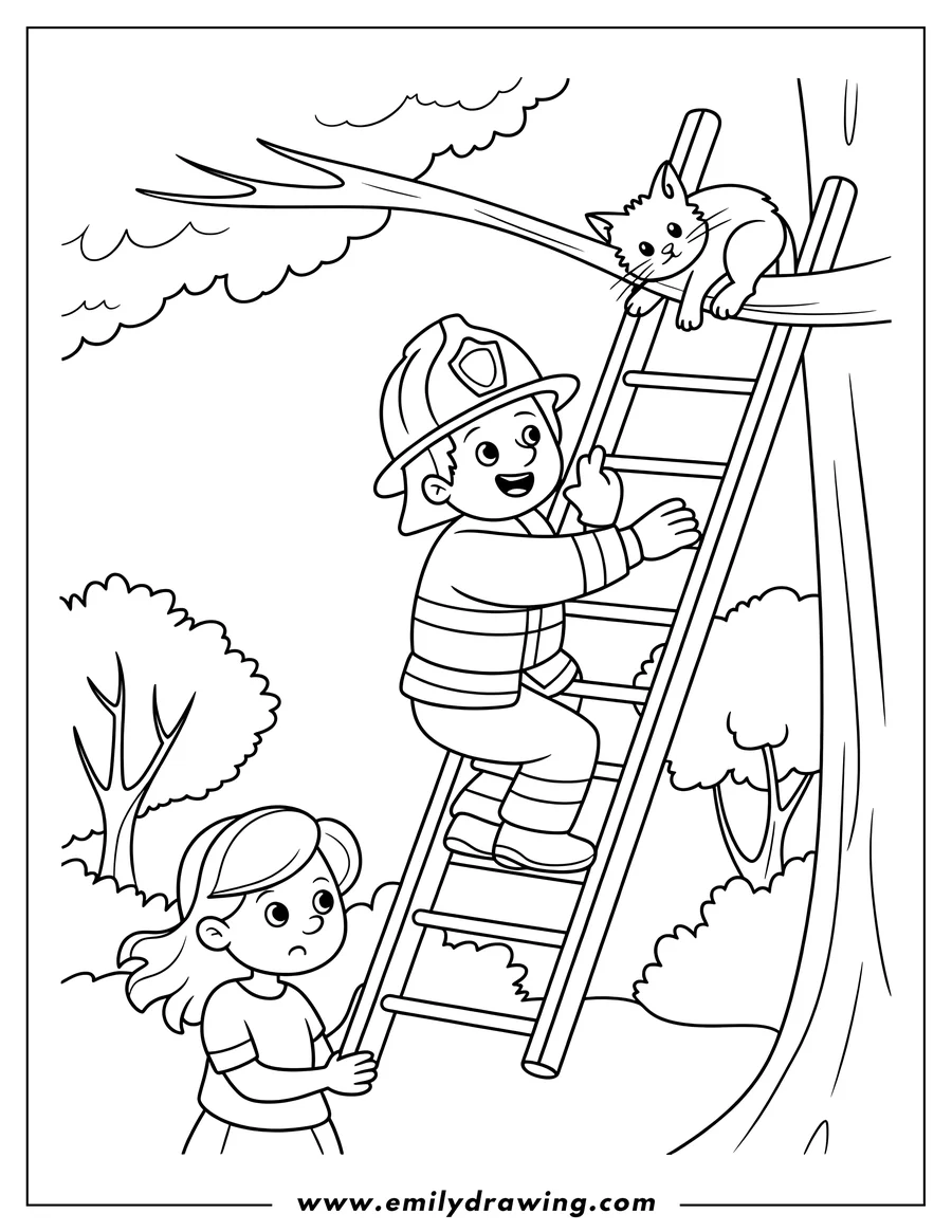 Outline of a firefighter climbing a ladder up a tall tree to rescue a cat stuck on a branch, while a girl holds the base of the ladder steady below.