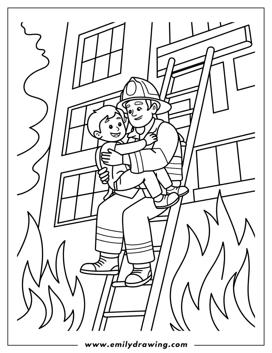 Outline of a firefighter in uniform descending a ladder while carrying a young child to safety. Flames and a burning building are visible in the background.