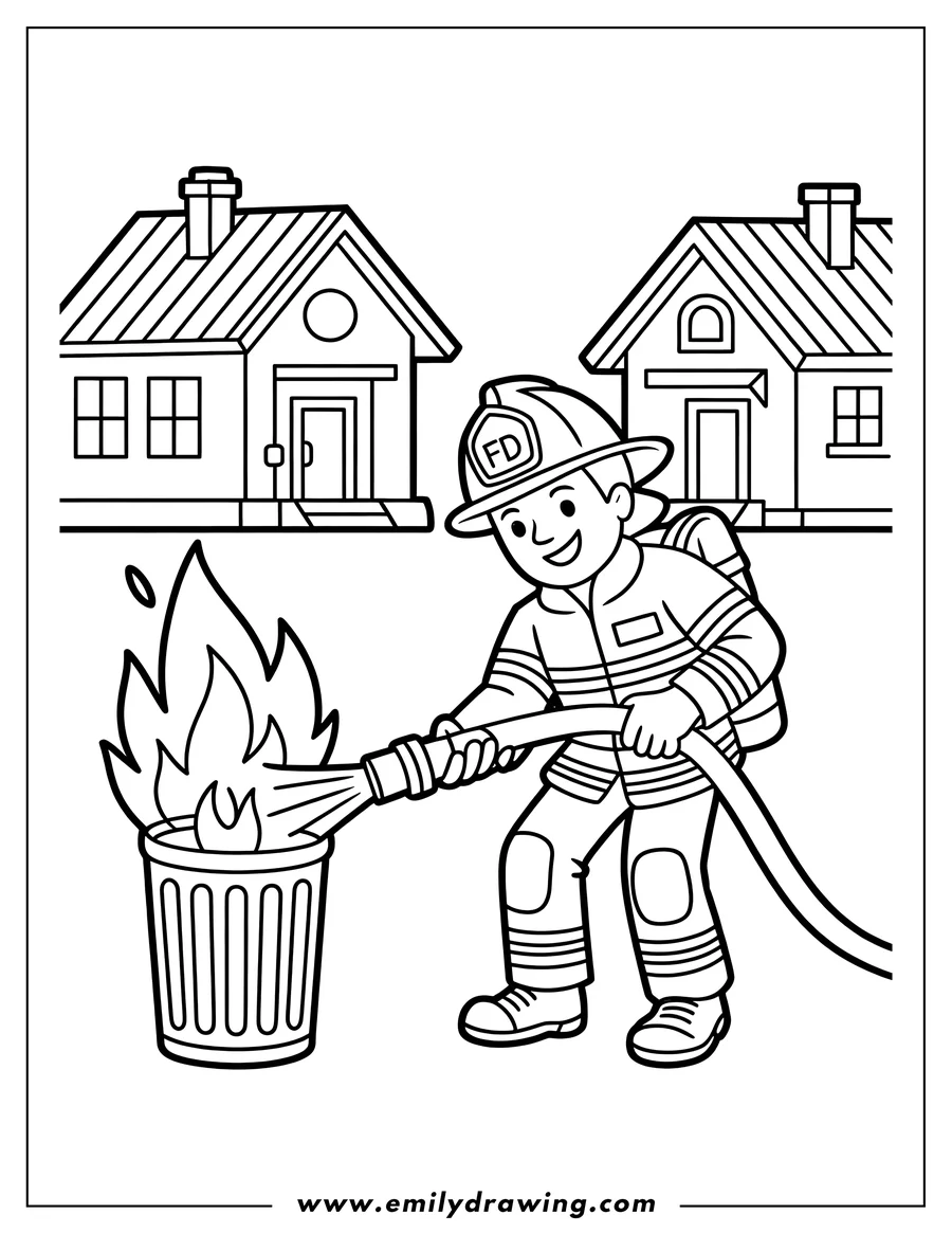 Outline of a smiling firefighter spraying water from a hose to put out a fire burning inside a trash can, with residential houses in the background.