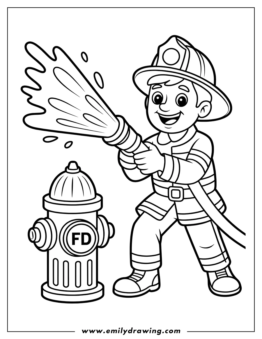 Outline of a young firefighter in uniform and helmet actively spraying a stream of water from a hose, standing next to a detailed fire hydrant.