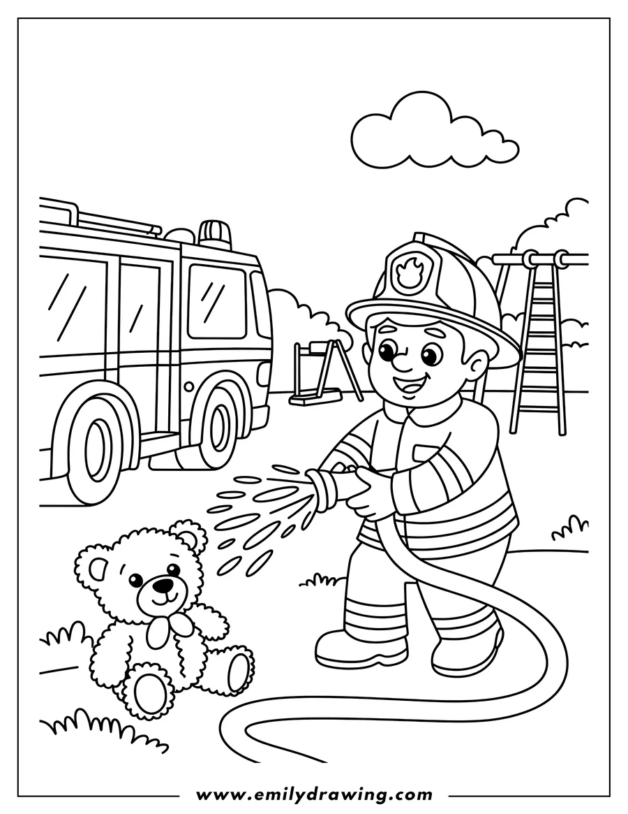 Outline of a happy child dressed as a firefighter spraying water from a hose. A large fire truck is parked to the left, and a teddy bear sits in the grass nearby.