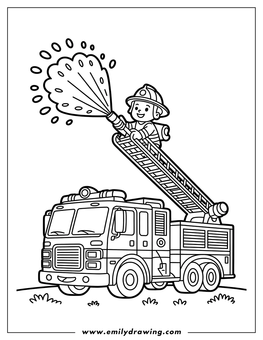 Outline of a happy firefighter standing on an extended ladder of a large fire truck, spraying a stream of water from a hose.