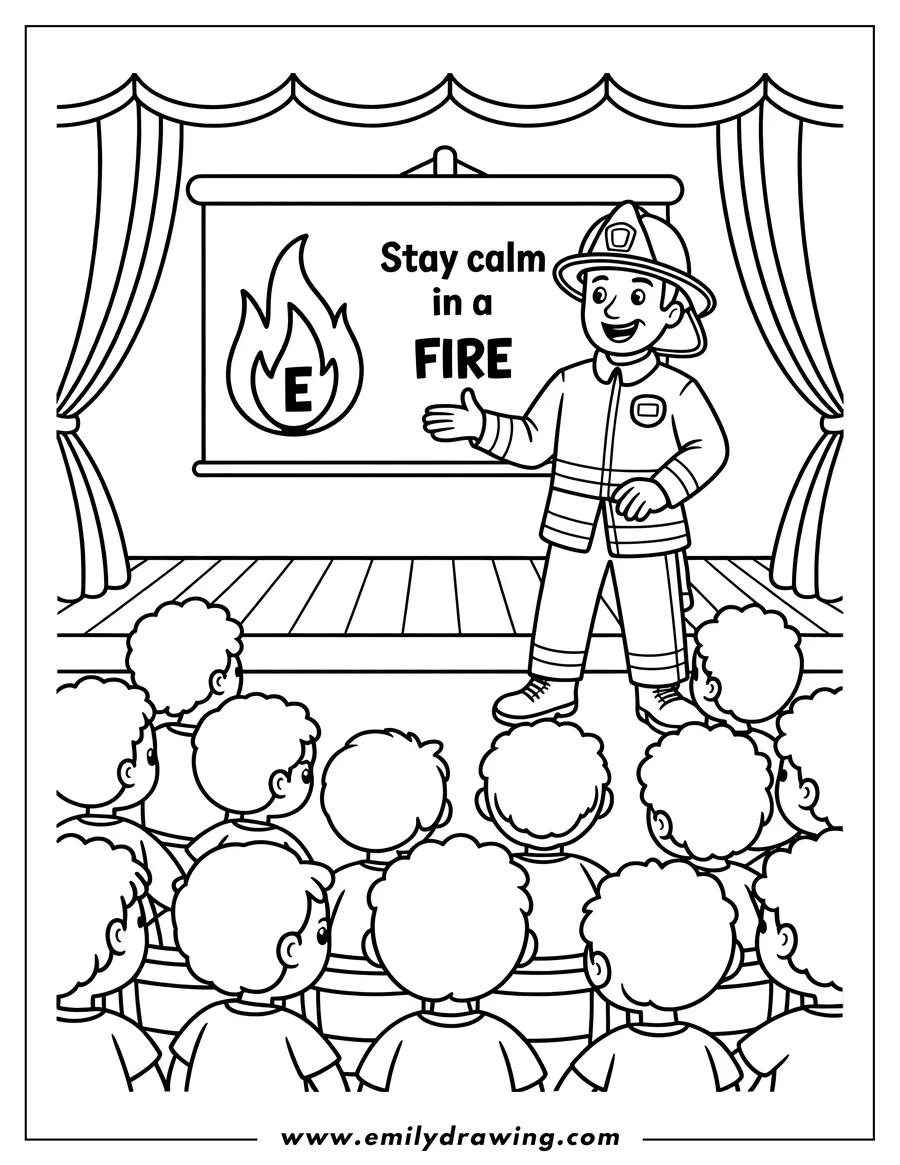 Outline of a smiling firefighter in uniform presenting fire safety tips to a group of children seated in an auditorium. A screen behind him displays the phrase 'Stay calm in a FIRE'.