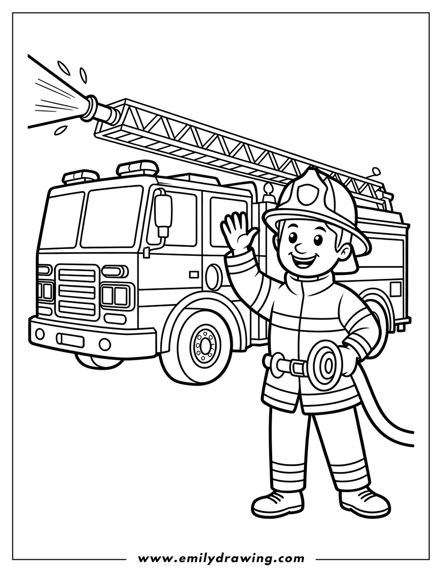 Line art of a smiling cartoon firefighter in uniform waving, standing next to a large fire truck. The truck's extended ladder is spraying water from the hose.