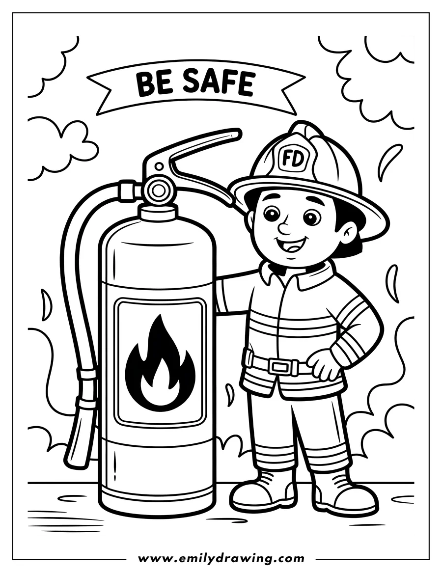 Line art of a smiling cartoon firefighter standing next to a large fire extinguisher, promoting fire safety with a