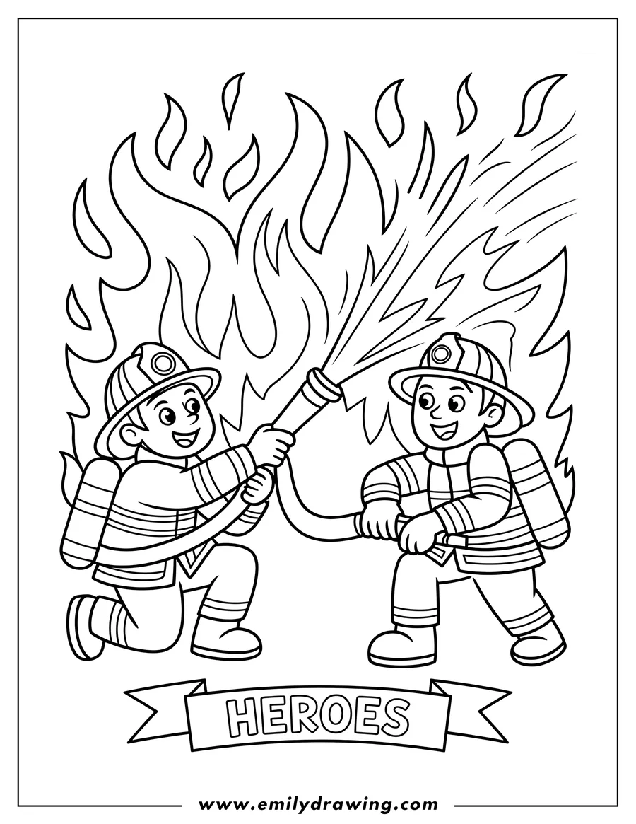 Outline of two smiling firefighters kneeling and standing in full gear, aiming a powerful hose stream at large flames behind them. A banner below reads 'HEROES'.