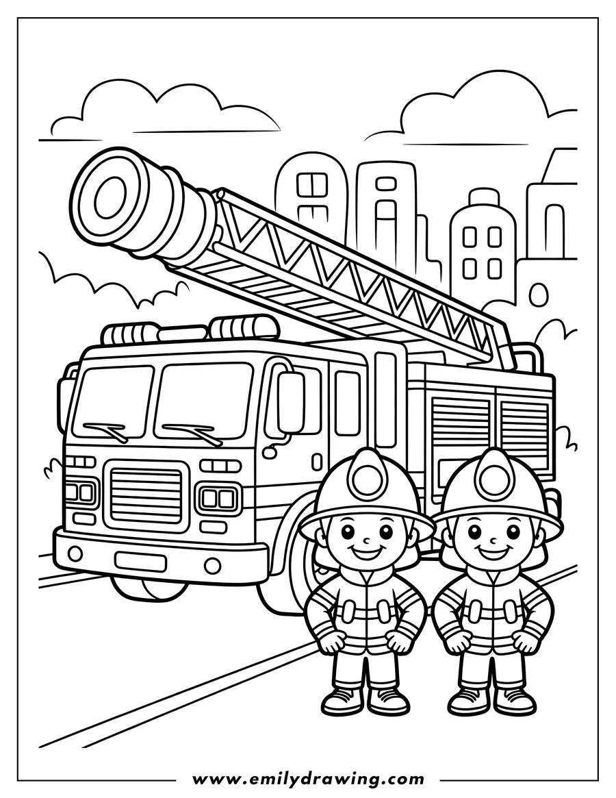Outline of two young firefighters in uniform standing proudly in front of a large fire truck with an extended ladder, set against a backdrop of abstract city buildings.