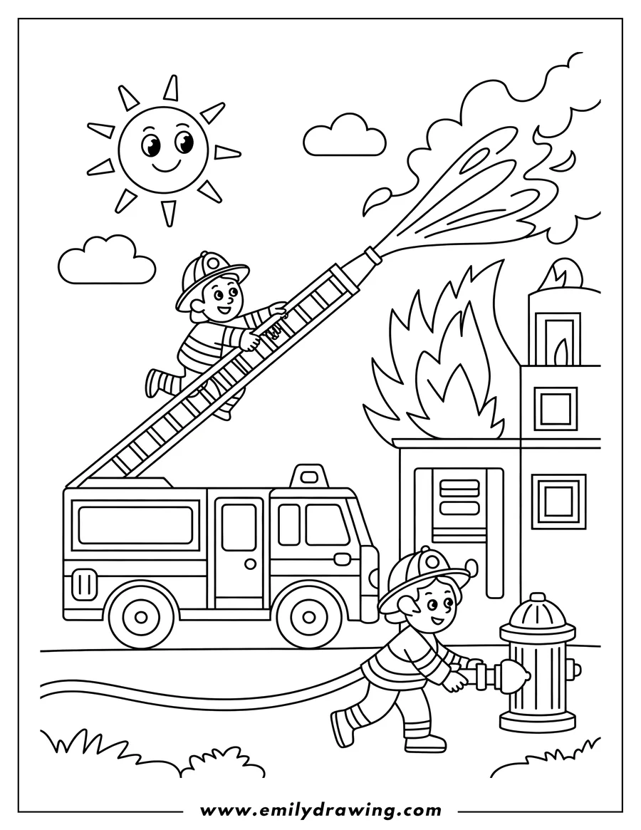Outline of two firefighters battling a fire. One firefighter is high up on the fire truck ladder spraying water onto a burning building, while another connects a hose to a fire hydrant on the street.