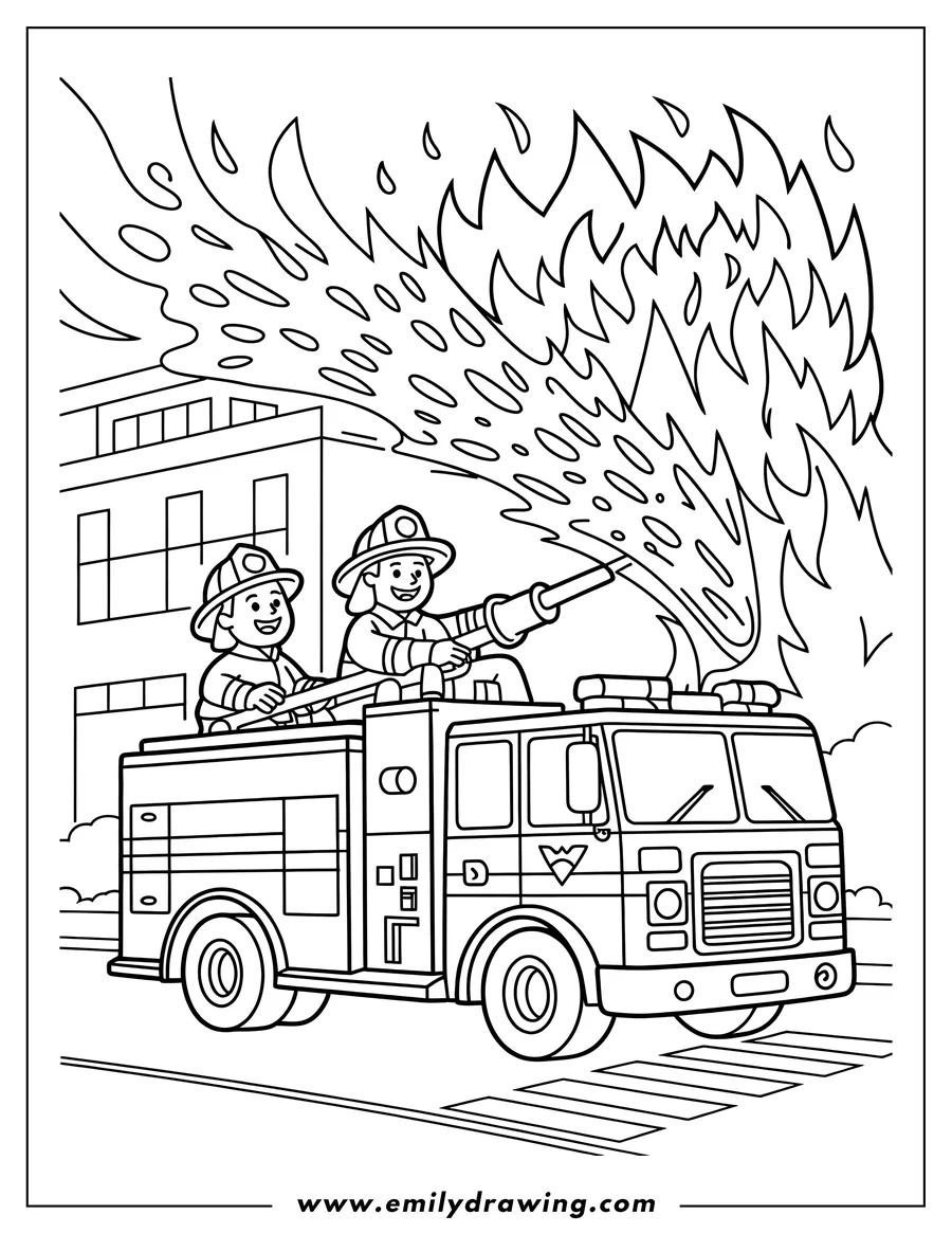 Outline of two smiling firefighters on a fire truck spraying a large building fire with a powerful water stream.