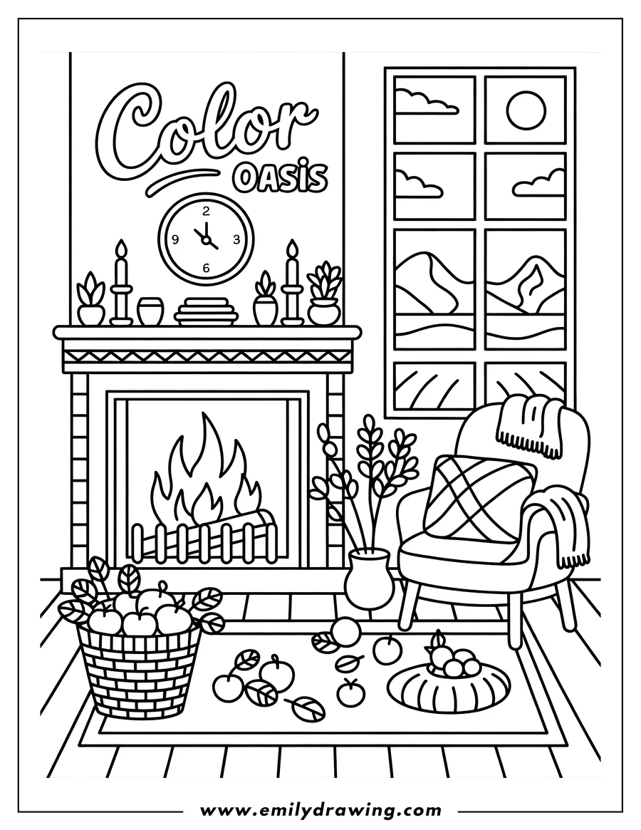 Outline of a cozy room scene with a fireplace, an armchair by a window with a mountain view, and apples in a basket on the floor.