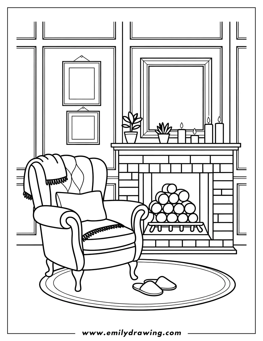 Outline of a cozy living room scene with an armchair, fireplace with logs, houseplants, candles, and picture frames on the wall.