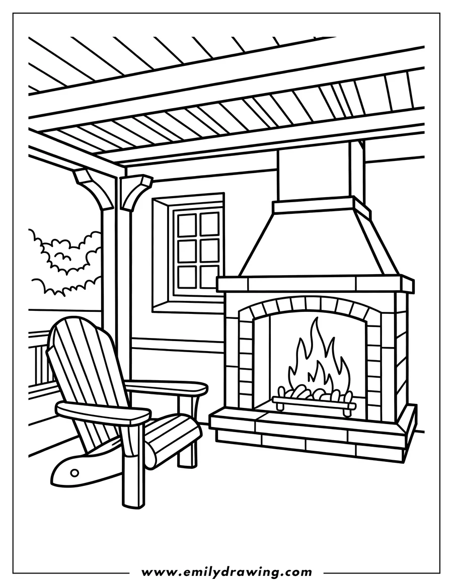 Line art of a fireplace with a burning fire next to a wooden Adirondack chair on a covered porch.