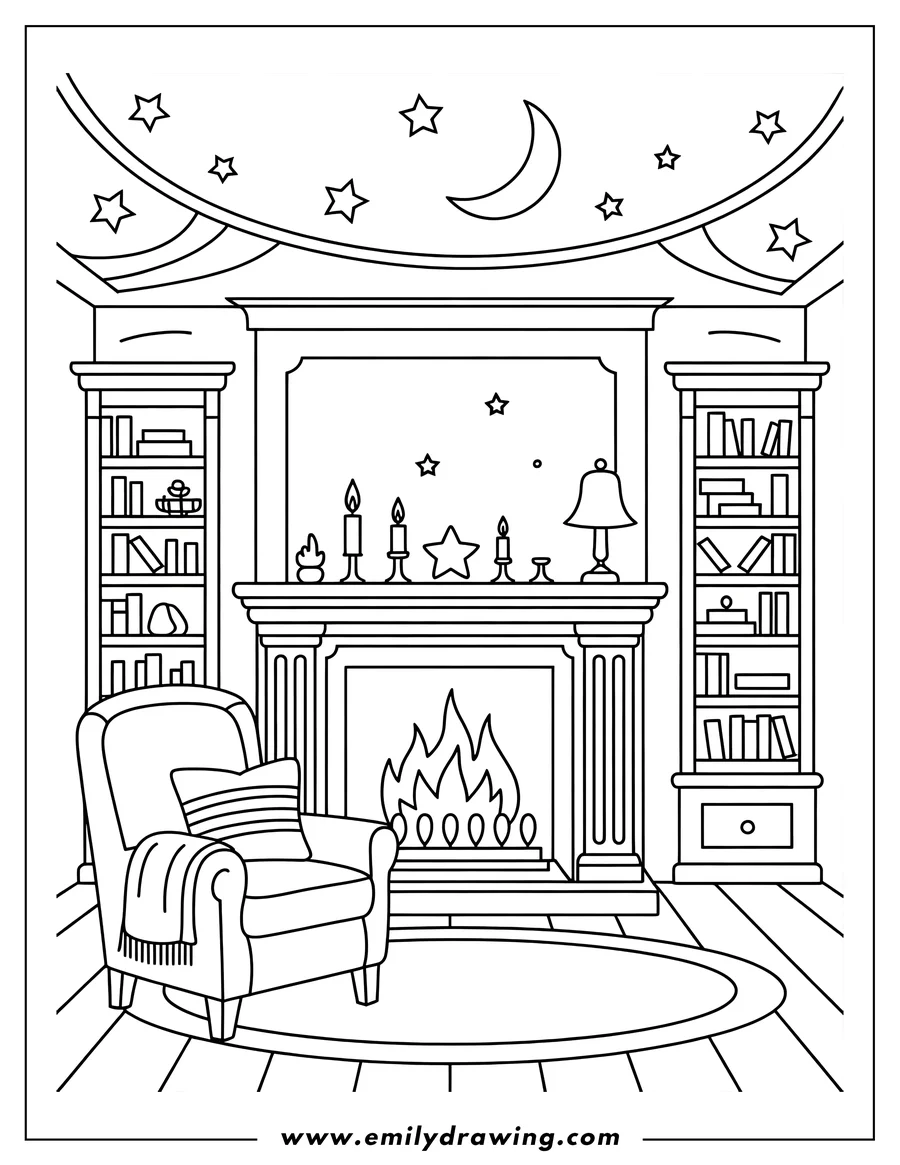Outline of a fireplace with a burning fire, candles, and a cozy armchair nearby. The scene is set in a room with bookshelves and a starry ceiling.