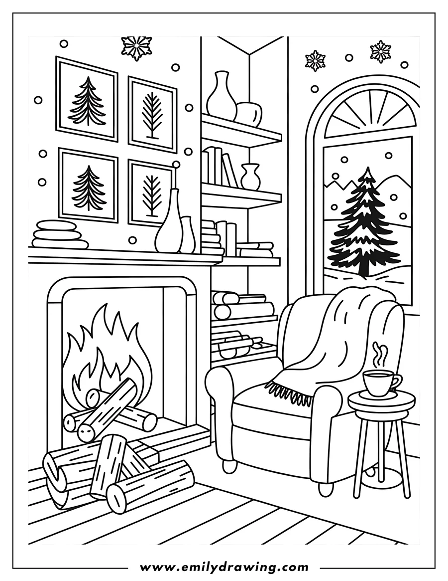 Outline of a cozy living room scene with a fireplace, armchair, and a cup of hot cocoa.  A snowy scene is visible through the window.