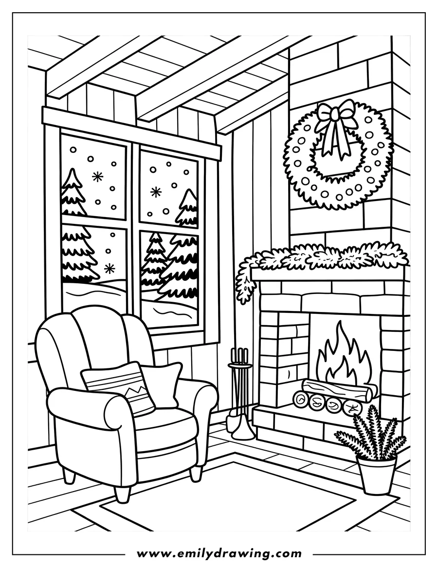 Line art of a cozy living room scene with a fireplace, Christmas wreath, and a view of a snowy landscape through the window.