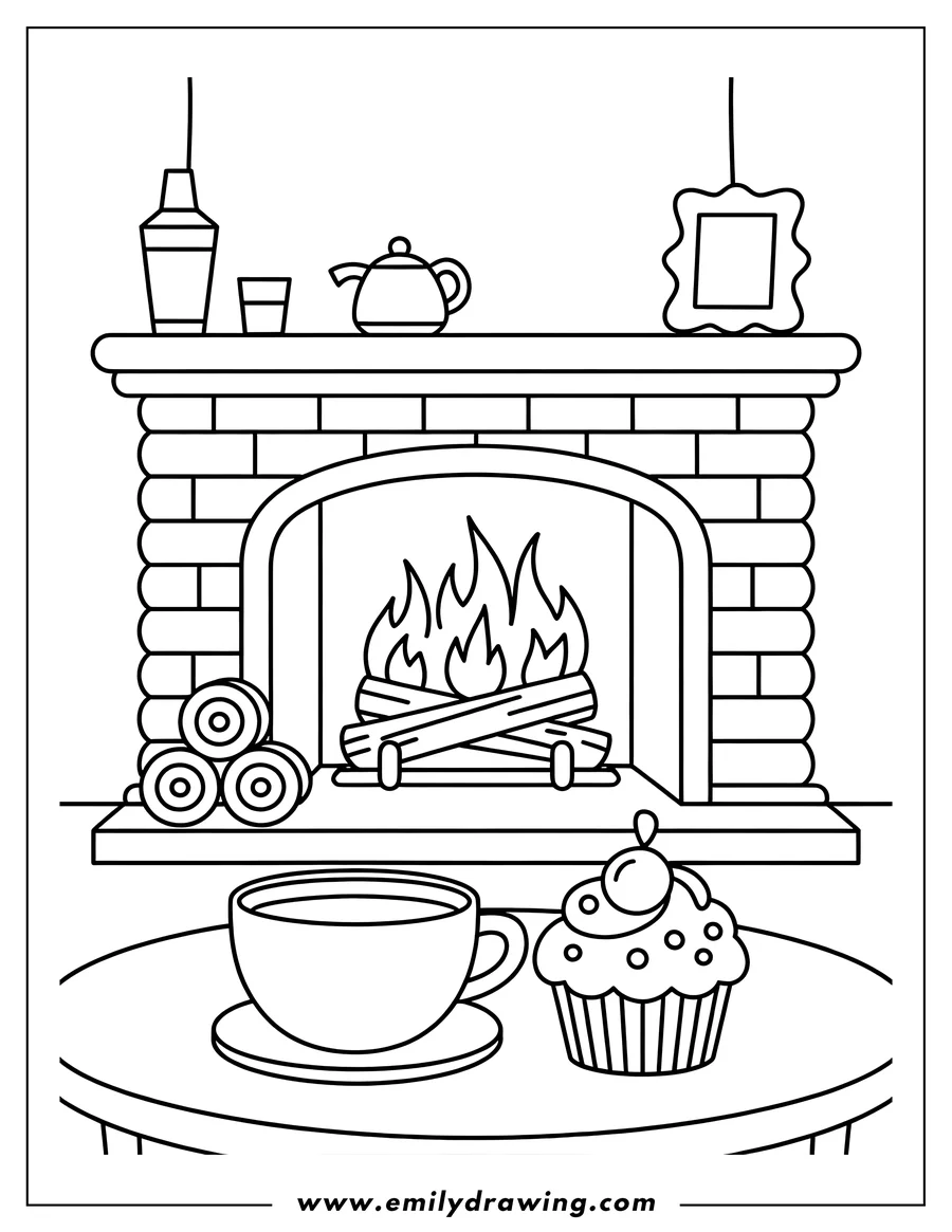 Line art of a cozy scene with a fireplace, a cup of tea, and a cupcake on a table.