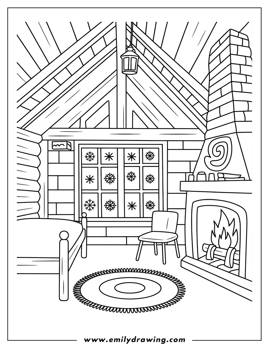 Outline of a cozy cabin interior with a fireplace, a bed, a chair, and a rug. Snowflakes decorate the window.