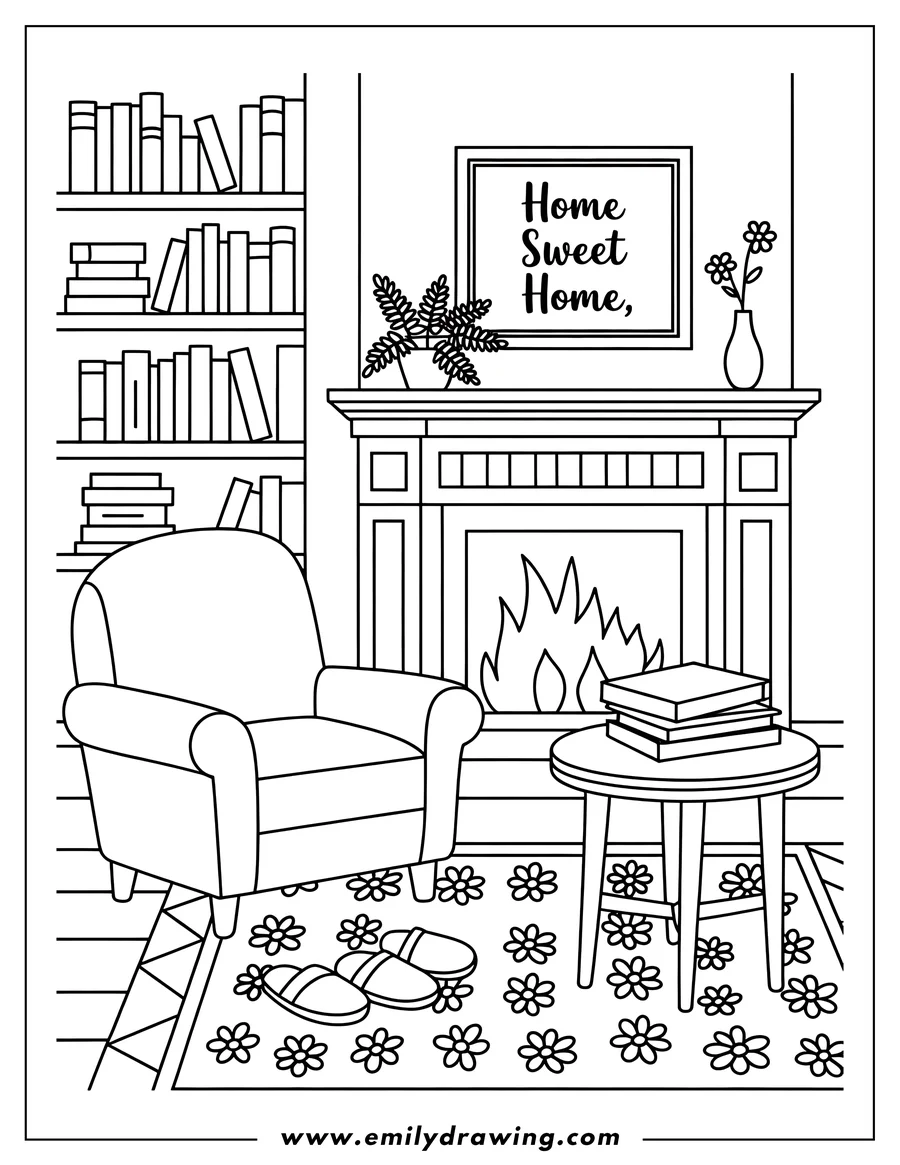 Outline of a cozy living room scene with a fireplace, bookshelf, armchair, and small table with books. A 