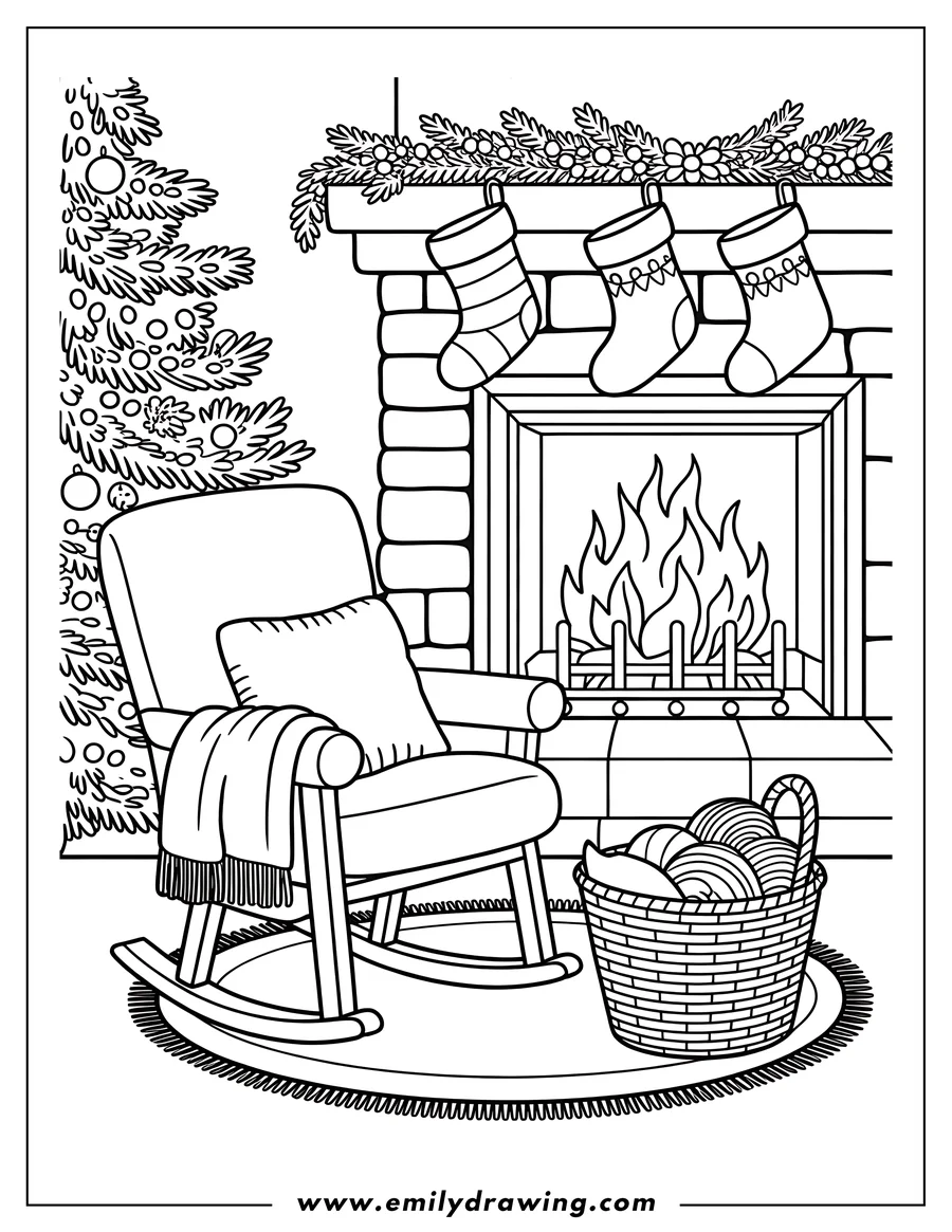 Outline of a cozy scene with a rocking chair, blanket, and yarn basket near a fireplace with stockings hung on the mantel, and a decorated Christmas tree in the background.