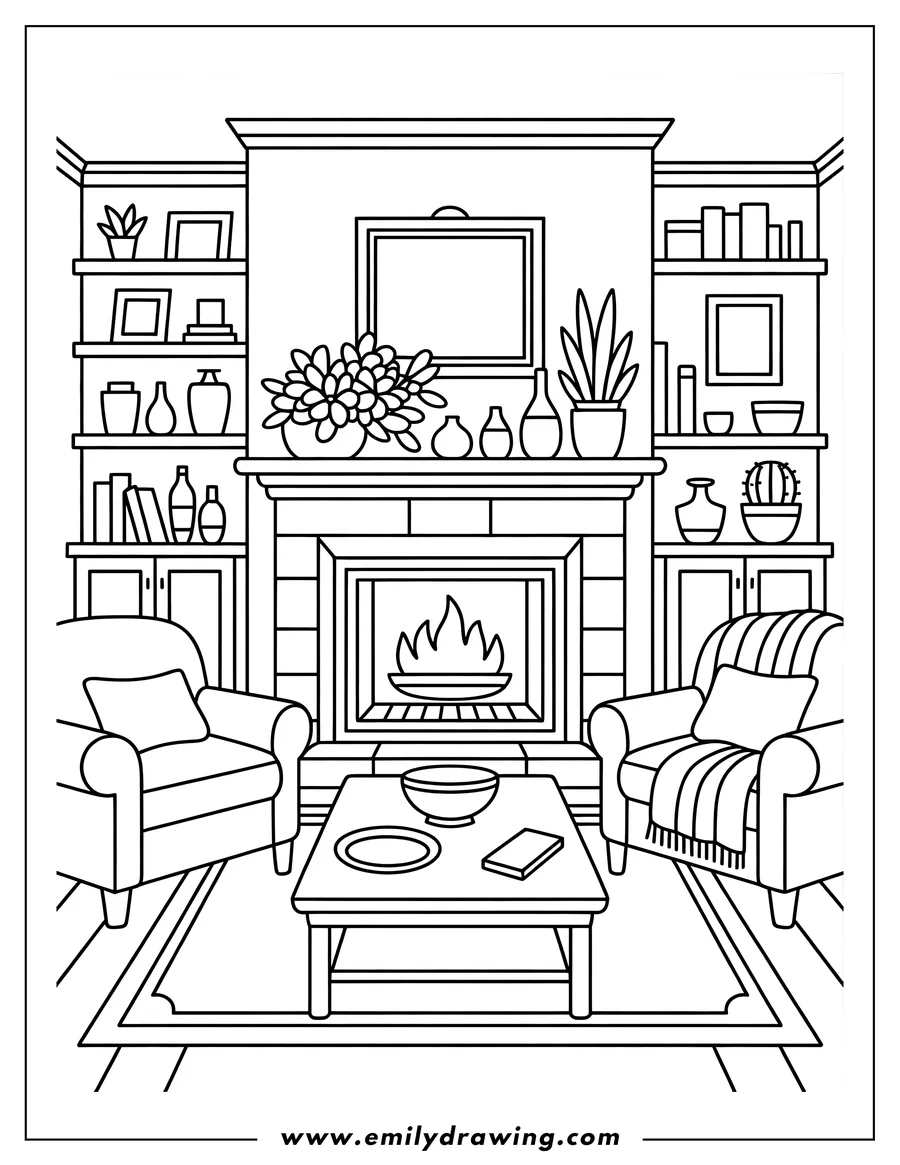 Line art of a fireplace with two armchairs, a coffee table, houseplants, bookshelves, and a rug.