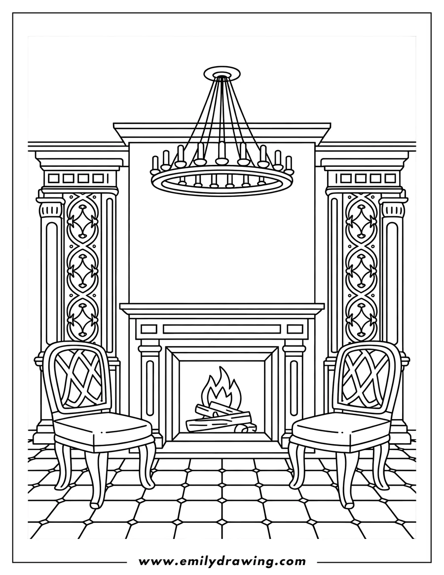 Line art of a fireplace with a burning fire, two chairs, a chandelier overhead, and decorative pillars on each side.