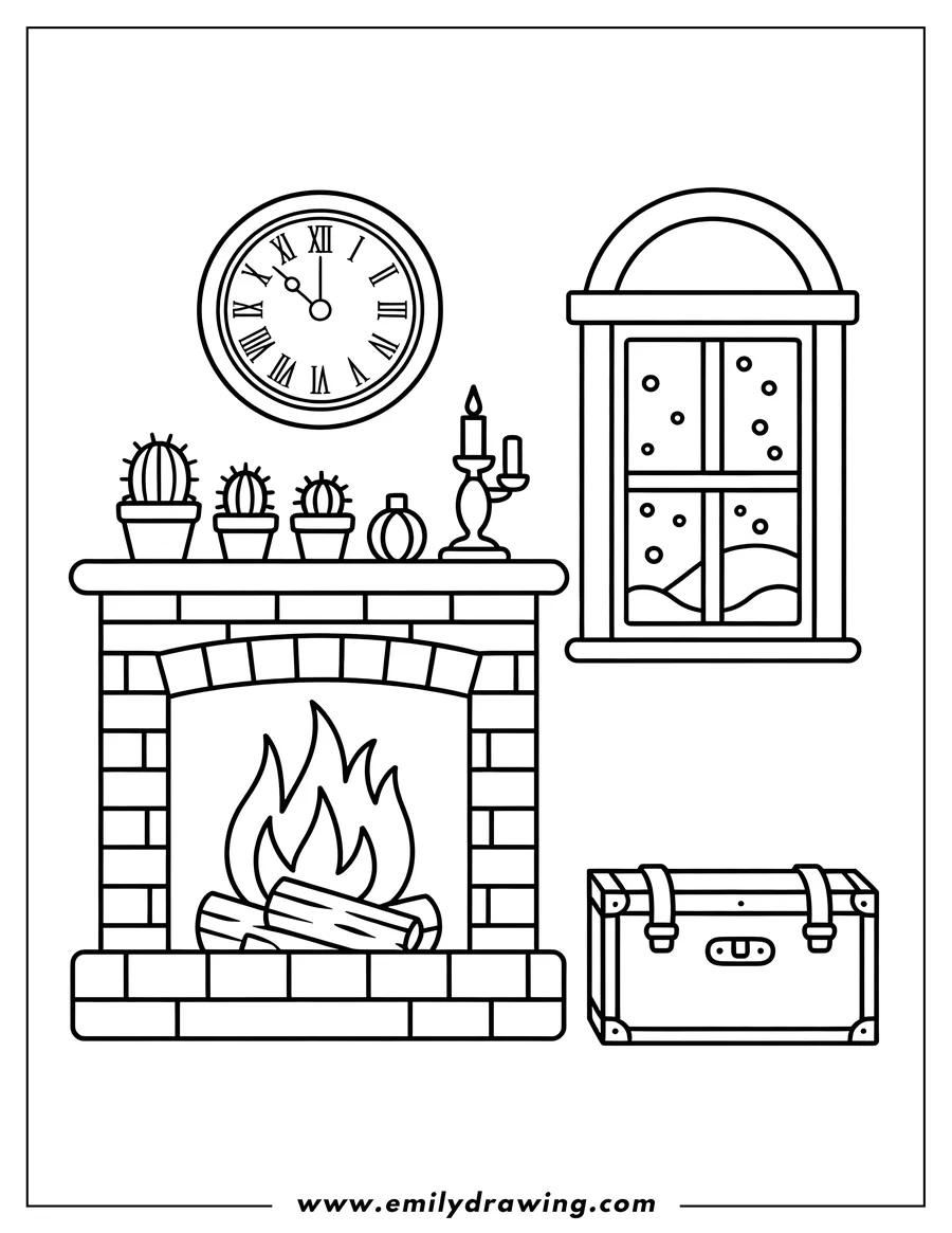 Line art of a fireplace with a burning fire. There's a clock on the wall, cacti on the mantel, and a snowy scene outside the window.