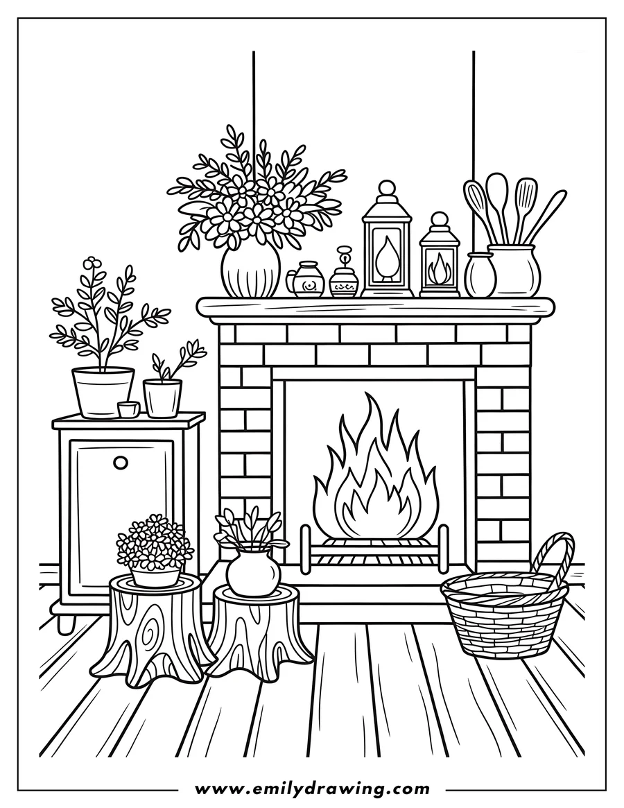 Line art of a cozy fireplace scene with decorations. Flowers in vases, lanterns, and a basket sit on the mantel and nearby. Tree stump side tables and a cabinet add charm.