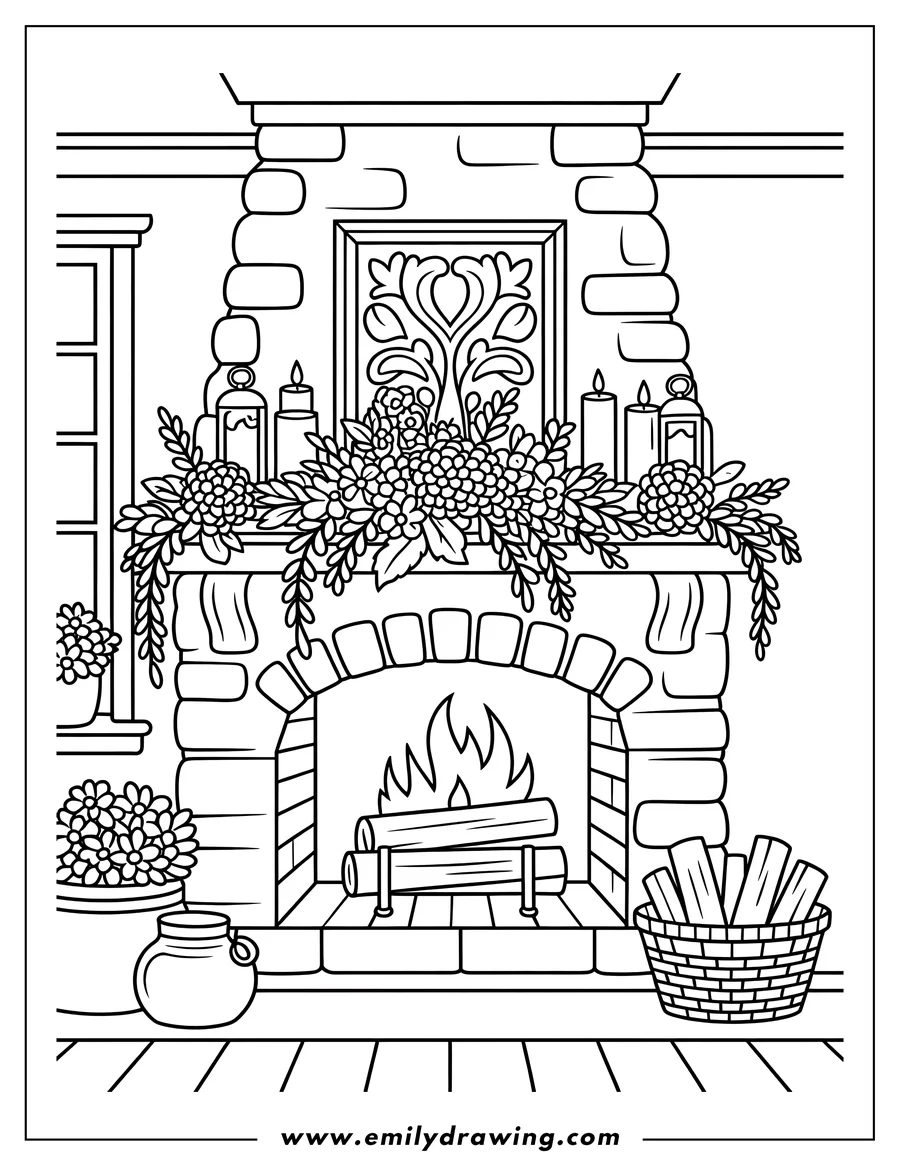 Line art of a fireplace with a burning fire, decorated with flowers, candles, and lanterns on the mantelpiece. A basket of firewood sits nearby.