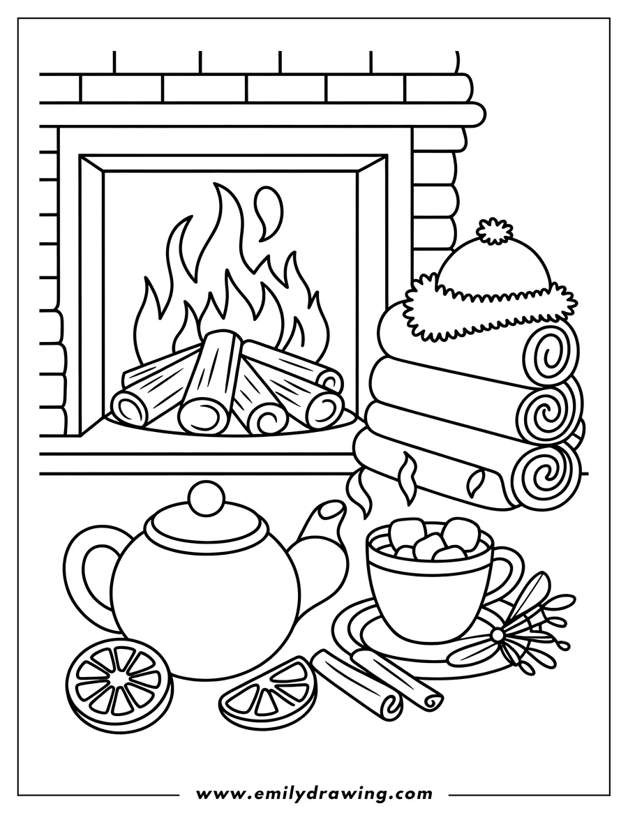 Line art of a cozy fireplace scene with a burning fire, a stack of firewood, a teapot, a cup of hot cocoa with marshmallows, orange slices, cinnamon sticks, and star anise.