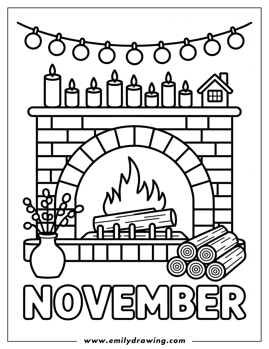 Outline of a fireplace with burning logs, candles on the mantelpiece, string lights, a decorative house, and a vase of pussy willow branches. The word 'November' is written below.