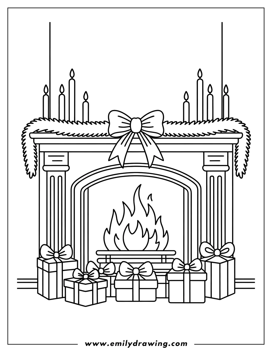 Line art of a fireplace with a roaring fire, presents arranged below it, candles and garland on the mantlepiece. Perfect coloring page for a cozy holiday feeling.