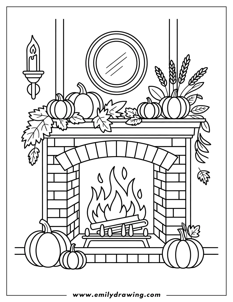 Outline of a brick fireplace with a burning fire, decorated with pumpkins, leaves, and wheat on the mantel.