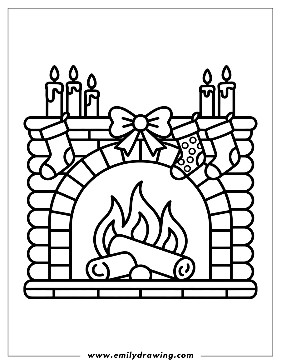 Outline of a fireplace decorated for Christmas with stockings hanging from the mantelpiece, a fire burning, candles on the hearth, and a basket of presents.