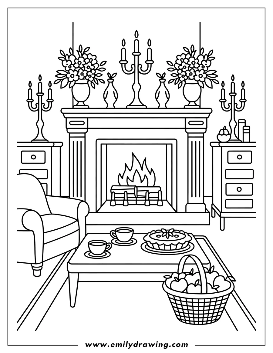 Line art of a fireplace with a roaring fire, a pie, two cups, and a basket of apples on a coffee table in front.  An armchair and end tables with candelabras and flower bouquets complete the cozy scene.