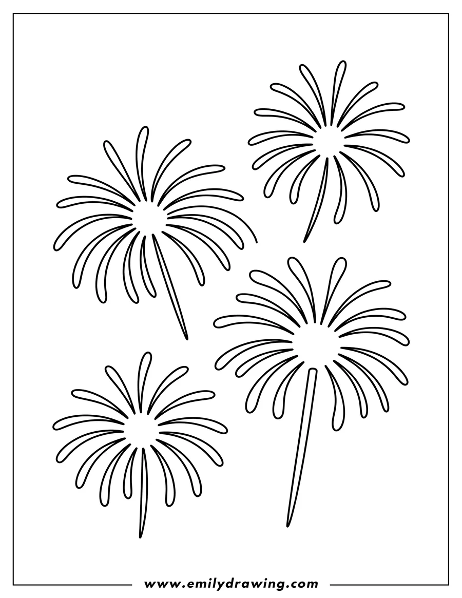 Outline of four firework bursts, ready to be colored.