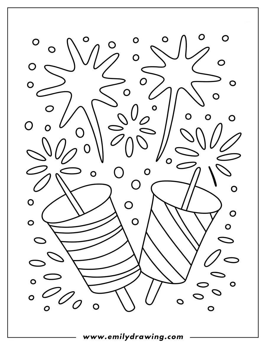 Outline of two firework rockets shooting colorful sparks into the air. Various firework explosion shapes surround them.