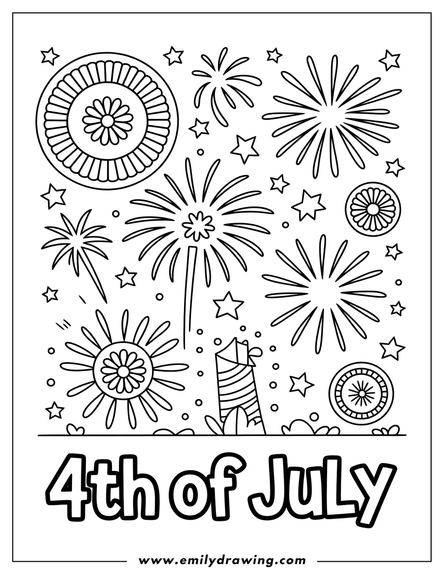 Outline of fireworks exploding in the night sky above a single firecracker for the 4th of July.