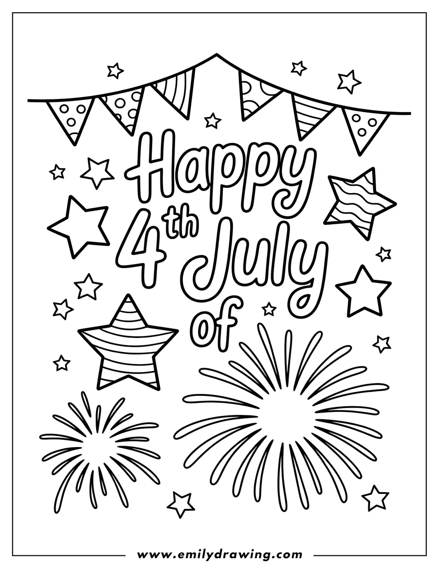 Line art of a 4th of July celebration scene with fireworks, stars, and festive bunting. Perfect for Independence Day coloring.