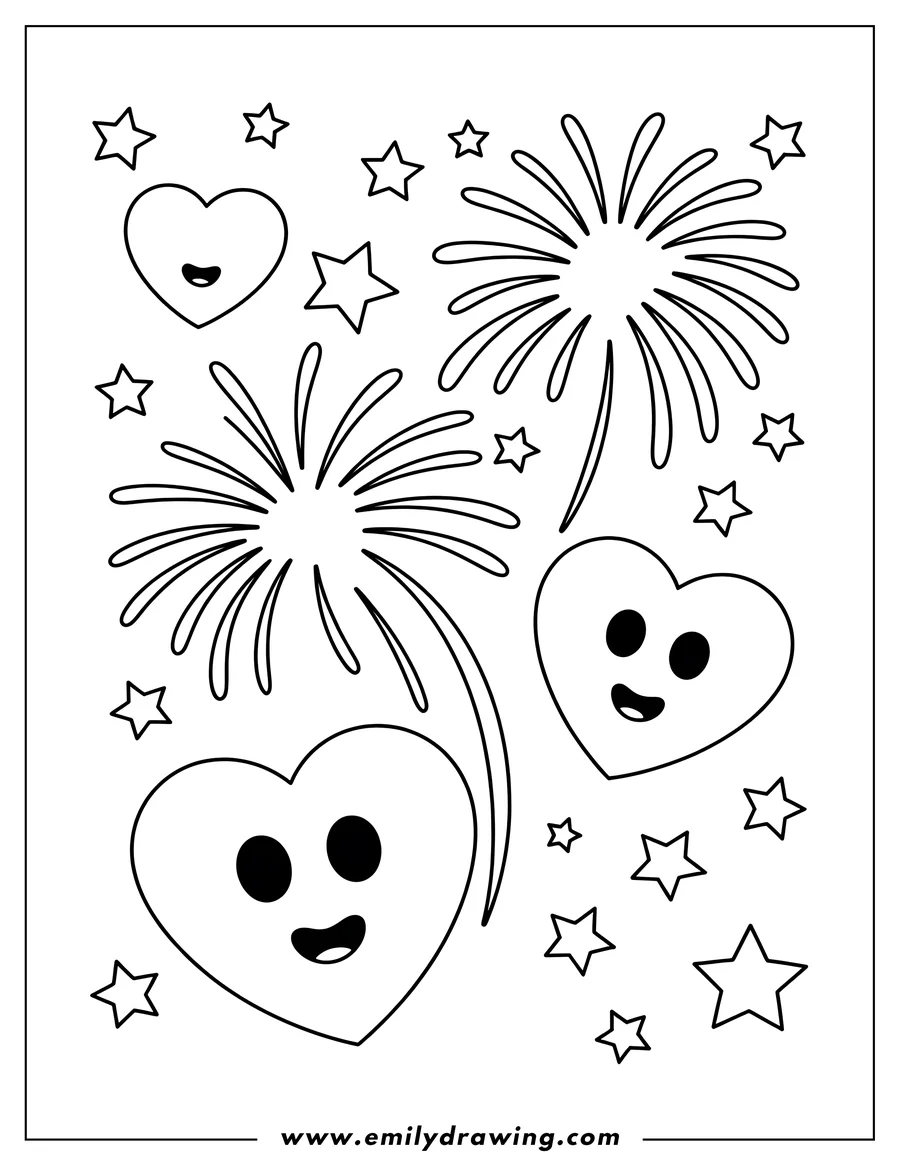 Outline of fireworks and hearts with smiling faces, surrounded by stars.