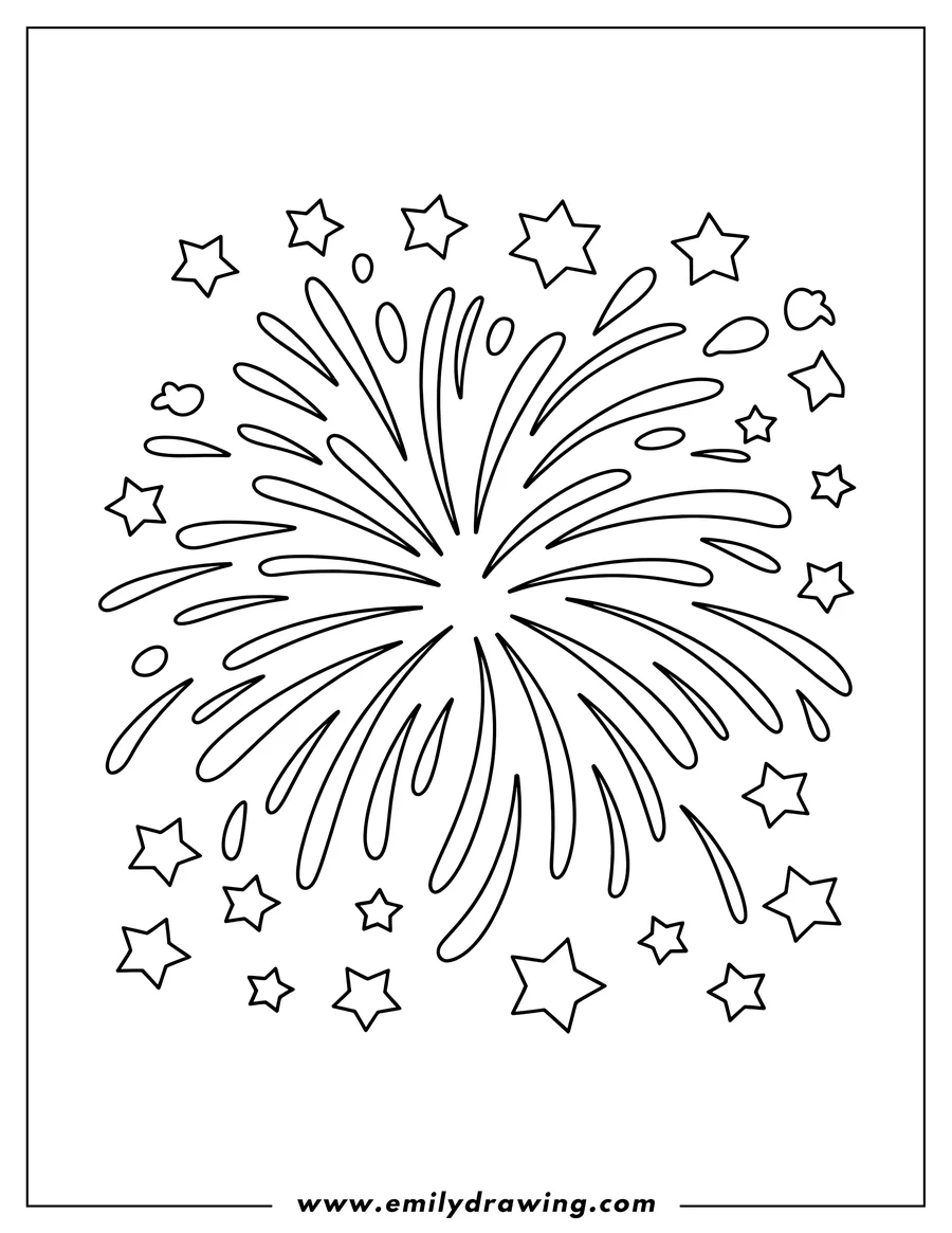 Outline of fireworks exploding with stars surrounding them.