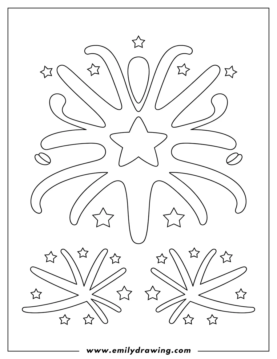 Outline of fireworks bursting in the night sky, surrounded by twinkling stars.
